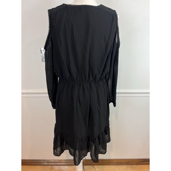 New York Company Black Dress Long Sleeve Embroidered Open Shoulder Lined Large - Picture 2 of 9